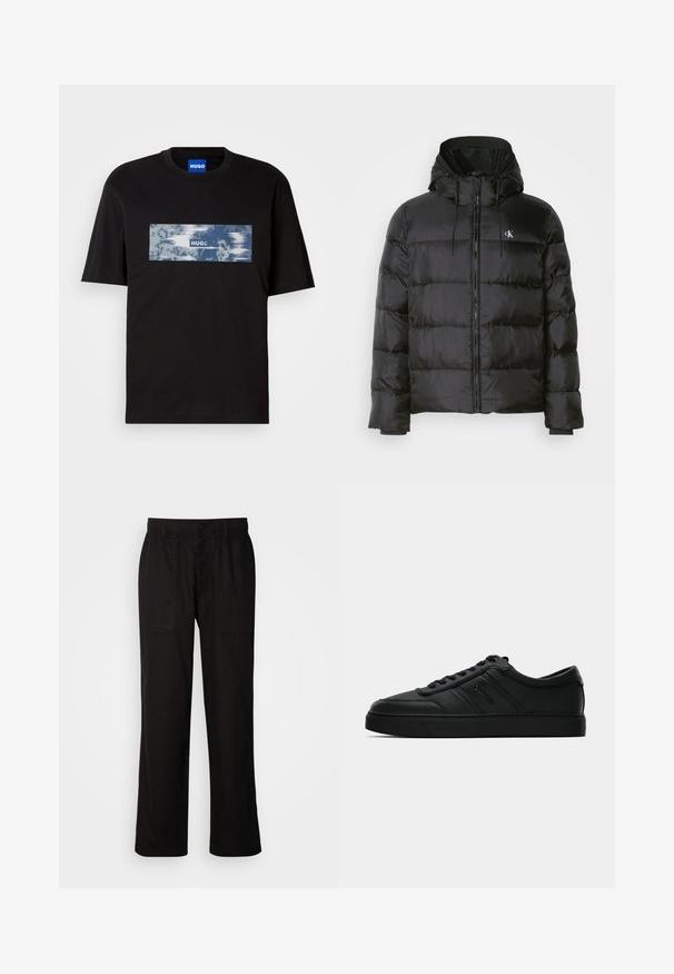 Zwarte pufferjack met een capuchon, voorzien van een ritssluiting aan de voorkant, gestikte panelen, elastische manchetten en een klein logo op de linkerborst.; Zwarte T-shirt met korte mouwen met een blauw-witte rechthoekige graphic en de tekst "HUGO" op de borst, en een blauw label binnenin de kraag.; Zwarte broek met een relaxte pasvorm, gemaakt van lichte stof. Voorzien van een elastische tailleband, knoopsluiting en twee zijzakken.; Zwarte leren sneakers met een lage profiel, ronde neus, vlakke zwarte zool en tonale stiksels. Heeft een gladde textuur en minimalistische merkaccenten.