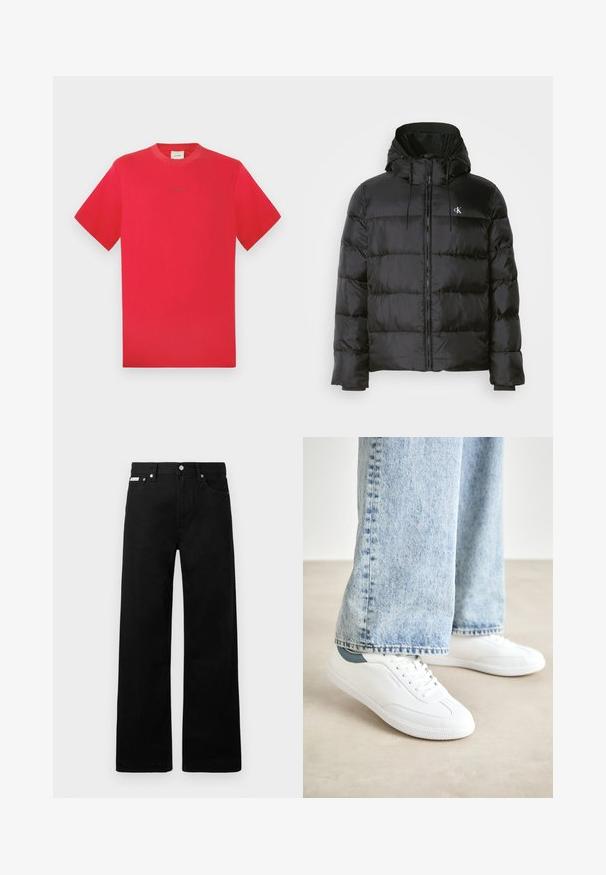 Μαύρο μπουφάν με κουκούλα, διαθέτοντας φερμουάρ μπροστά, ραμμένες πάνελ, ελαστικές μανσέτες και ένα μικρό λογότυπο στο αριστερό στήθος.; Κόκκινο μπλουζάκι με στρογγυλή λαιμόκοψη, κατασκευασμένο από βαμβάκι. Κοντά μανίκια, μονόχρωμο με διακριτή εκτύπωση στο κέντρο. Μαλακή υφή και κλασική εφαρμογή.; Μαύρο τζιν παντελόνι με φαρδιά γραμμή, διαθέτει πέντε τσέπες και μεταλλικά κουμπιά. Λείος υφάσματος, χωρίς ορατά σχέδια.; Λευκά αθλητικά παπούτσια με λείο υλικό, σχέδιο με κορδόνια, υφή από καουτσούκ στη σόλα και teal λεπτομέρεια στην φτέρνα, συνδυασμένα με ανοιχτό μπλε τζιν.