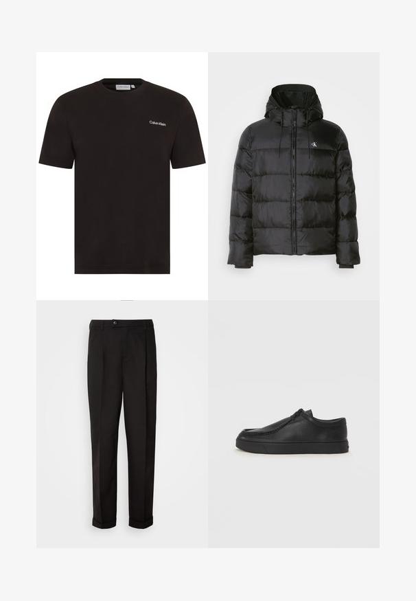 Fekete puffdzseki kapucnival, elülső cipzárral, varrott panelekből, rugalmas mandzsettákkal és egy kis logóval a bal mellen.; Fekete, rövid ujjú póló, pamutból készült. Kerek nyakú, és egy kis fehér "Calvin Klein" logó található a bal mellen.; Fekete nadrág sima textúrával, egyenes szabással, két elülső zsebbel és egy gombbal zárható derékkal.; Fekete bőr slip-on cipő lekerekített orral, varrott részletekkel és fekete gumitalppal. Simaság és minimalista dizájn jellemzi.