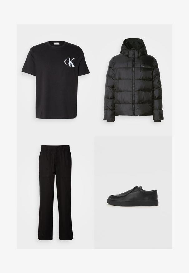 Black puffer jacket with a hood, featuring a zip front, stitched panels, elastic cuffs, and a small logo on the left chest.; Black cotton t-shirt featuring a white embroidered "CK" logo on the left chest. Classic crew neck and short sleeves, with a relaxed fit.; Black pants with a relaxed fit, made from lightweight fabric. Features an elastic waistband, button closure, and two front pockets.; Black leather slip-on shoe with a rounded toe, stitched detailing, and black rubber sole. Smooth texture with minimalistic design.