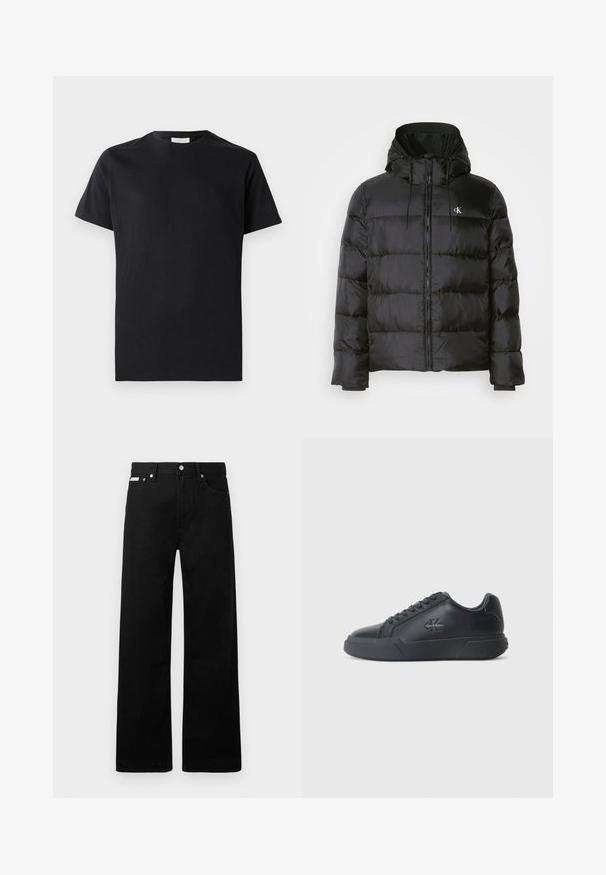 Μαύρο μπουφάν με κουκούλα, διαθέτοντας φερμουάρ μπροστά, ραμμένες πάνελ, ελαστικές μανσέτες και ένα μικρό λογότυπο στο αριστερό στήθος.; Μαύρο κοντό μανίκι T-shirt από βαμβάκι με κανονικό λαιμό και διακριτική λεπτομέρεια λογότυπου στο στήθος. Λείος υφασμάτινος υφή και κανονική εφαρμογή.; Μαύρο τζιν παντελόνι με φαρδιά γραμμή, διαθέτει πέντε τσέπες και μεταλλικά κουμπιά. Λείος υφάσματος, χωρίς ορατά σχέδια.; Μαύρα δερμάτινα sneakers με στρογγυλή μύτη, επίπεδη σόλα και σχέδιο κορδονιών. Αξιοσημείωτες λεπτομέρειες περιλαμβάνουν ένα διακριτικό λογότυπο στο πλάι.