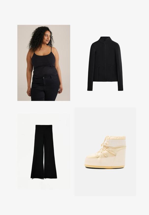 Crna jakna izrađena od glatkog, rastezljivog materijala. Ima visoki ovratnik, cijeli prednji zip i dva bočna džepa na zip. Dugi rukavi.; Crna uska majica bez rukava s tankim naramenicama, uparena s tamnim trapericama. Tkanina izgleda glatko s blagim rastezanjem. Minimalistički dizajn bez vidljivih uzoraka.; Crne trapezaste hlače s širokim krojem, s glatkom teksturom i visokim strukom. Izrađene od rastezljivog materijala za udobnost.; Svijetlo bež Moon Boot s okruglim vrhom, zatvaranjem na vezicu i teksturiranim gumenim potplatom. Sadrži bijelo brendiranje i glatke sintetičke materijale.