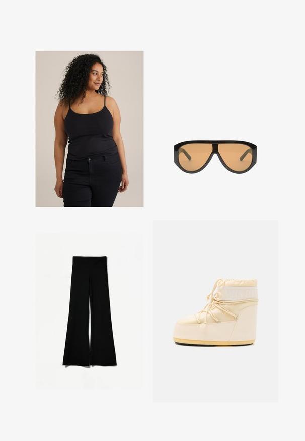 Černá bunda vyrobená z hladkého, elastického materiálu. Disponuje vysokým límcem, plným předním zipem a dvěma bočními kapsami se zipem. Dlouhé rukávy.; Černý přiléhavý top bez rukávů s tenkými ramínky, spárovaný s tmavými džíny. Materiál vypadá hladce s mírným strečem. Minimální design a žádné viditelné vzory.; Černé rozšířené kalhoty s širokými nohavicemi, vyznačující se hladkou texturou a vysokým pasem. Vyrobeny z pružné látky pro pohodlí.; Světle béžová Moon Boot s kulatou špičkou, stahováním na šňůrku a texturovanou gumovou podrážkou. Obsahuje bílé logo a hladké syntetické materiály.; Černé oversized sluneční brýle s hnědými skly, které mají široké, úhlové rámy a rovné nožičky. Hladký lesklý povrch, minimální hardware.