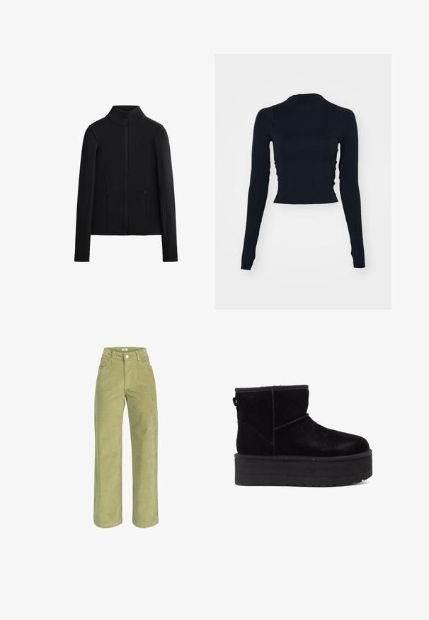 Zwarte jas gemaakt van gladde, rekbare stof. Beschikt over een hoge kraag, een volledige ritssluiting aan de voorkant en twee zijzakken met rits. Lange mouwen.; Zwarte, lange mouwen cropped top met een hoge halslijn. Gemaakt van gladde, aansluitende stof zonder zichtbare patronen of accenten.; Groene corduroy wijde broek met hoge taille, voorzien van voorzakken en een knoopsluiting aan de voorkant, met een zachte textuur en gestructureerde vorm.; Zwarte suède enkellaarzen met een dikke platformzool en een zachte voering. Afgewerkt met stikselaccenten en een achterste looplip voor eenvoudig aan- en uittrekken.