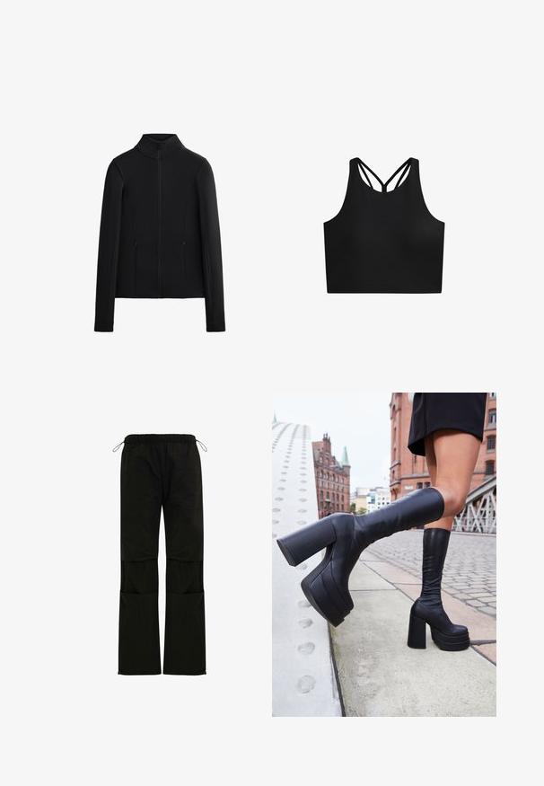 Black jacket made of smooth, stretchy fabric. Features a high collar, full front zipper, and two side zippered pockets. Long sleeves.; Black athletic crop top with a smooth texture, featuring a high neckline and dual crisscross straps at the back. Simple, functional design.; Black, lightweight pants with an elastic waistband, drawstring adjustments, side pockets, and a straight-leg cut. Smooth texture.; Black knee-high platform boots made of smooth leather, featuring thick square heels and a sleek design, set against a city backdrop.