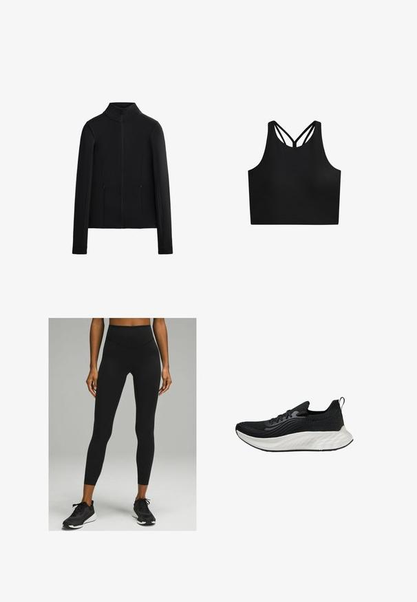 Černá bunda vyrobená z hladkého, elastického materiálu. Disponuje vysokým límcem, plným předním zipem a dvěma bočními kapsami se zipem. Dlouhé rukávy.; Černý sportovní crop top s hladkou texturou, vysokým výstřihem a dvojitými křížovými ramínky na zádech. Jednoduchý, funkční design.; Černé legíny s vysokým pasem, s hladkým povrchem a přiléhavým střihem, spárované s černými sportovními botami s bílou podrážkou.; Černá sportovní bota s texturovaným svrškem, bílou polstrovanou podrážkou a diskrétním brandingem. Obsahuje poutko a šněrování.