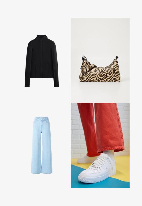 Black jacket made of smooth, stretchy fabric. Features a high collar, full front zipper, and two side zippered pockets. Long sleeves.; White long-sleeve cropped top with a round neckline, made from a smooth, stretchy fabric, featuring a fitted design and no visible fastenings.; Light blue wide-legged denim pants with a high waist, front pockets, and a single button closure. Smooth texture with an even wash.; White leather sneaker with perforated toe box, textured sole, and white laces, paired with wide red pants and a blue and yellow background.; Tote bag in a tiger stripe pattern, featuring a beige base with black stripes, smooth texture, and black accents. Adjustable strap included.