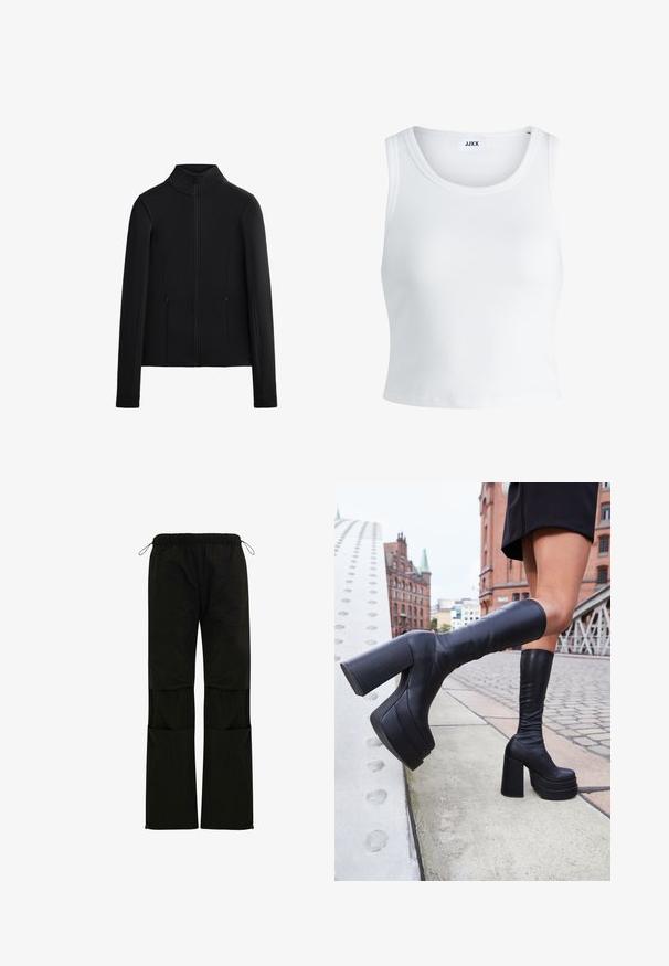 Zwarte jas gemaakt van gladde, rekbare stof. Beschikt over een hoge kraag, een volledige ritssluiting aan de voorkant en twee zijzakken met rits. Lange mouwen.; Witte geribbelde tanktop met een ronde hals, zonder mouwen en een cropped lengte. Label draagt "JJXX." Gladde stoftextuur.; Zwarte, lichtgewicht broeken met een elastische tailleband, verstelbare koordjes, zijzakken en een rechte snit. Glad textuur.; Zwarte kniehoge platformlaarzen van glad leder, met dikke vierkante hakken en een slank ontwerp, tegen een stadsachtergrond.