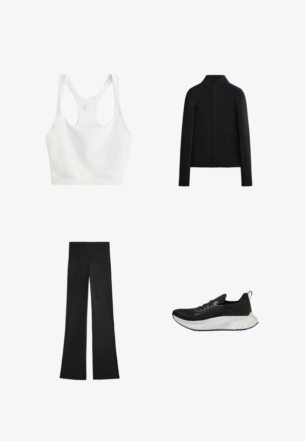 Veste noire en tissu lisse et extensible. Dotée d'un col montant, d'une fermeture éclair sur le devant et de deux poches latérales zippées. Manches longues.; Soutien-gorge de sport blanc côtelé avec un décolleté arrondi, des bretelles larges et un design ajusté. Présente une étiquette de marque à l'intérieur au dos.; Pantalons noirs évasés en tissu extensible, avec une taille haute et une texture lisse, sans motifs ni détails matériels visibles.; chaussure de sport noire avec un dessus texturé, une semelle blanche rembourrée et un branding subtil. Comprend une languette et un laçage.