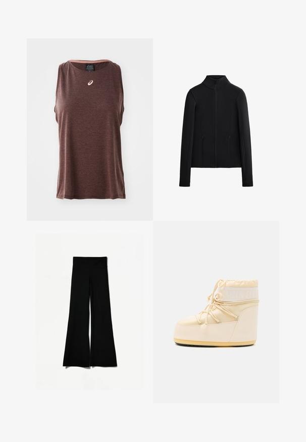 Crna jakna izrađena od glatkog, rastezljivog materijala. Ima visoki ovratnik, cijeli prednji zip i dva bočna džepa na zip. Dugi rukavi.; Smeđi bezrukavnik sportski majica s okruglim izrezom, s malim bijelim logotipom na prsima i teksturiranim, mekim materijalom.; Crne trapezaste hlače s širokim krojem, s glatkom teksturom i visokim strukom. Izrađene od rastezljivog materijala za udobnost.; Svijetlo bež Moon Boot s okruglim vrhom, zatvaranjem na vezicu i teksturiranim gumenim potplatom. Sadrži bijelo brendiranje i glatke sintetičke materijale.