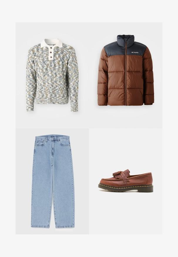 Rjava in temno siva podložena jakna z visokim ovratnikom, zadrgo spredaj in logotipom na prsih; ima tudi prešite dele za izolacijo.; Pleteni pulover s pikančno zasnovo v sivi, beli in zlatih odtenkih. Ima bel ovratnik, tri rjave gumbe ter rebraste manšete in rob.; Svijetloplave traperice s ravnim nogavicama, srednjeg struka, pet džepova te zatvaranjem na gumb i munju.; Rjavi usnjeni mokasin s dodatki v obliki resic, teksturirana površina in kontrastne rumene šive ob črnem gumenem podplatu. Stranska perspektiva.