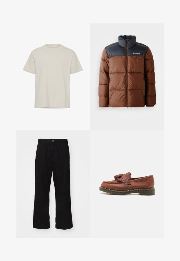 Giacca imbottita marrone e grigio scuro con collo alto, chiusura con zip e logo sul petto; presenta sezioni trapuntate per l'isolamento.; T-shirt leggero beige chiaro a maniche corte realizzato in tessuto morbido. Collo rotondo, vestibilità comoda, con un design semplice e senza motivi o accenti visibili.; Pantaloni neri a gamba larga realizzati in tessuto misto cotone, con chiusura a bottone e taglio dritto con cuciture minime visibili.; Mocassino in pelle marrone con dettagli in frange, superficie testurizzata e cuciture gialle in contrasto lungo la suola in gomma nera. Vista laterale.