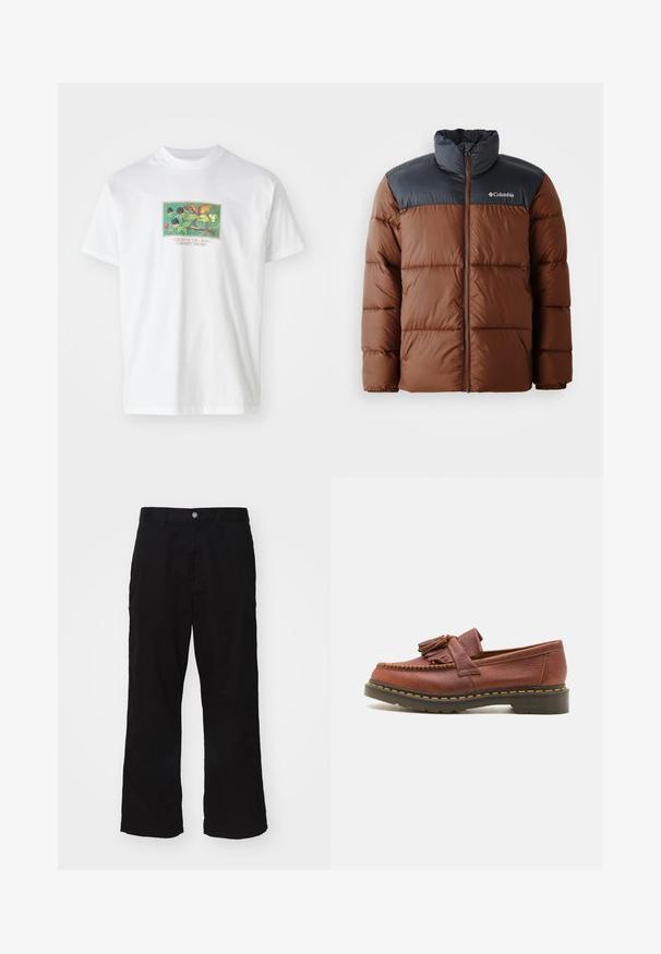 Pruun ja tumehall polsterdatud jakk kõrge kraega, tõmblukuga ees ja logo rinnal; sisaldab soojustamiseks õmmeldud sektsioone.; Valge puuvillane T-särk, millel on värvikas illustreeritud graafika taimedest ja viljadest. Allpool on tekst "CREAM OF THE CROP CARHARTT WIP 1989."; Mustad laiad mustad püksid, mis on valmistatud puuvilla segust, esitavad nupu sulgemise ja otsekärpe, minimaalselt nähtava õmblusega.; Pruunist nahast mokassiind, millel on pompooni aksessuaarid, tekstureeritud pind ja kontrastne kollane õmblus musta kummitald alusel. Küljepilt.