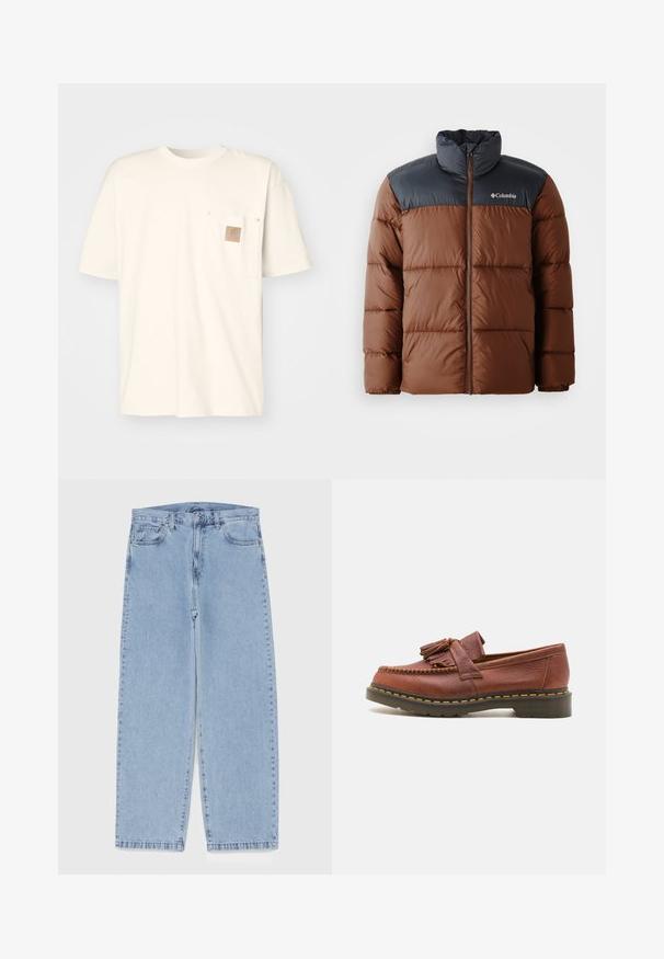 Brown and dark gray padded jacket with a high collar, zip front, and logo on the chest; features quilted sections for insulation.; Cotton t-shirt in off-white, featuring a chest pocket with a square, brown leather patch and decorative gold rivets. Short sleeves, crew neck.; Light blue denim jeans with straight leg design, featuring a mid-rise waist, five pockets, and a button and zipper closure.; Brown leather moccasin with tassel accents, textured surface, and contrasting yellow stitching along the black rubber sole. Side view.