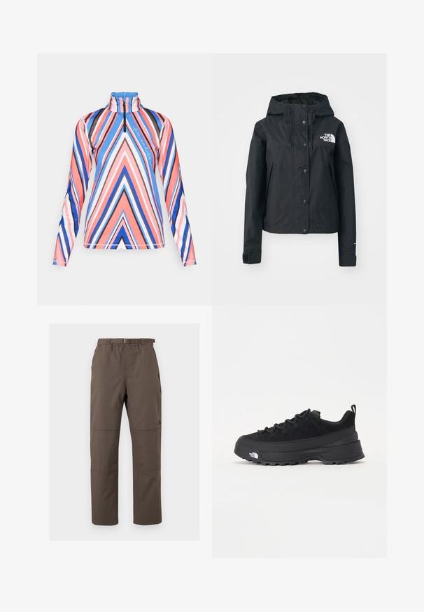 Black waterproof jacket with a detachable hood, snap-button closure, and logo on the chest. Features side pockets and a cropped design.; Half-zip long-sleeve top in bright pink, blue, and black geometric stripes, featuring a high collar and soft, stretchy fabric.; Brown outdoor pants with an elastic waistband and adjustable belt. Features panel stitching and a straight leg design. Durable fabric.; Black outdoor sneaker with a suede upper, textured rubber sole, and sturdy lacing system. Features a reinforced heel and brand logo on the side.