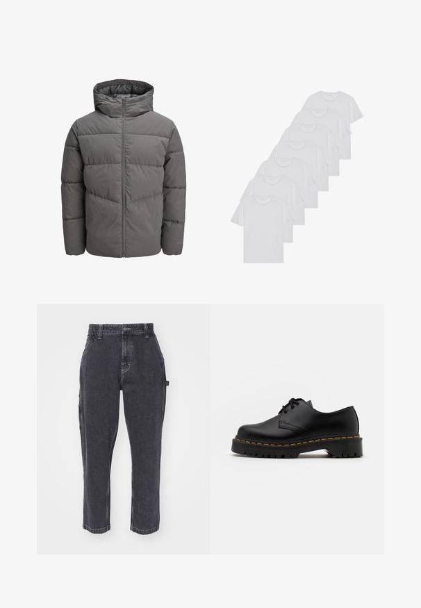 Pelēks pūšļu mētelis ar kapuci, kura konstrukcijā ir pilna garuma rāvējslēdzis, izšūta struktūra un gluda, nedaudz spīdīga tekstūra.; Baltie kokvilnas T-krekli, īsas piedurknes, apaļas izgriezuma dizains, vienkārša tekstūra, sakrauti rindā, ar smalku zīmolu pie kakla izgriezuma.; Tumši pelēki džinsu cargo bikses ar taisnu kāju dizainu, ar sānu kabatām un kontrastējošiem diegu akcentiem.; Melnas ādas kurpes ar saistēm, noapaļota purngalu, ar teksturētu gumijas zoli un dzeltenu šuvju ap malu. Plakana forma un gluda apdare.