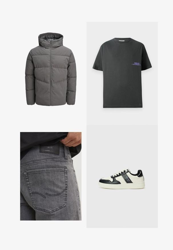 Szürke pufferek jellegű kabát kapucnival, teljes hosszúságú cipzárral, steppelt mintázattal és sima, enyhén fényes felülettel.; Sötét szürke pamut póló kerek nyakkivágással. A bal mellen egy kis lila nyomtatás található, amelyen a "REPLAY" felirat olvasható. Rövid, egyenes ujjakkal.; Szürke farmernadrág, hátsó zsebbel, ívelt varrással és fekete bőr címkével, amely a márkára és a kézműves részletekre vonatkozó információkat tartalmaz.; Fekete és krém színű bőrsneaker, perforált díszítésekkel, párnázott bokapánttal és texturált talppal.