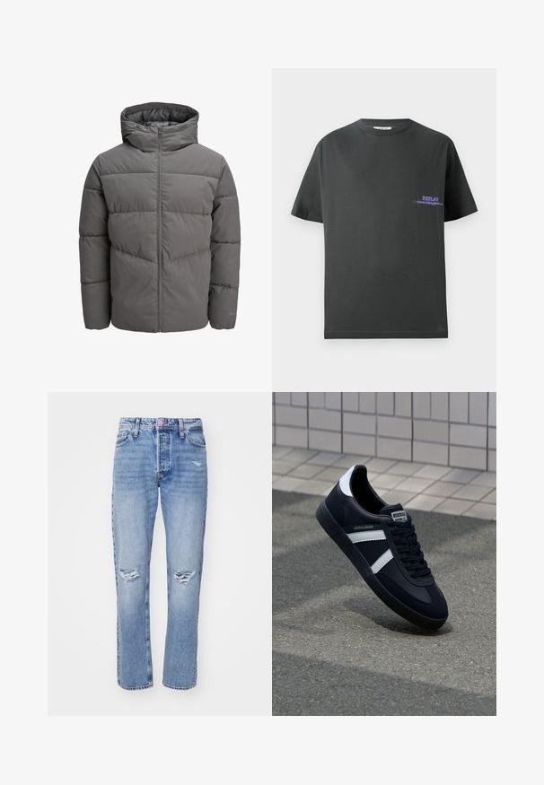 Pilkas pūkinis švarkas su gobtuvu, turintis užtrauktuką per visą ilgį, siuvinėtas dizainas ir lygus, šiek tiek blizgus paviršius.; Tamsiai pilkas medvilninis marškinėliai su apvaliu iškirpimu. Kairėje krūtinės pusėje yra mažas purpurinis spaudinys su užrašu "REPLAY." Trumpi, tiesūs rankovės.; Šviesiai mėlynos džinsinės kelnės tiesaus kirpimo, su suplėšytais detalėmis ant kelių ir sagos uždarymu. Klasikinis penkių kišenių dizainas.; Juodas odinis sportinis batelis su baltais dryžiais, tekstūruota gumine padais ir raišteliais priekyje. Yra prekės ženklą žymintis etiketė ant liežuvio.