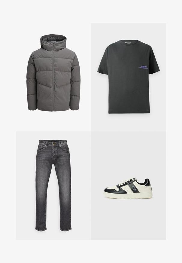 Hall puffer jope, millel on kapuuts, täispikk tõmblukk, tikandmuster ja sile, veidi läikiv tekstuur.; Tumehallist puuvillast T-särk, ümarate kaelustega. Vasakul rinnal on väike lilla print, kus on kiri "REPLAY." Lühikesed, sirged varrukad.; Tumedat hallid teksad sirge lõikega, klassikalise viie taskuga kujundusega ja kerge tuhmumisega. Metallne nööp ja lukuga sulgur.; Nahatud nahkkingad musta ja kreemi värviskeemiga, millel on perforeeritud aktsendid, pehme krae ja tekstureeritud tallad.