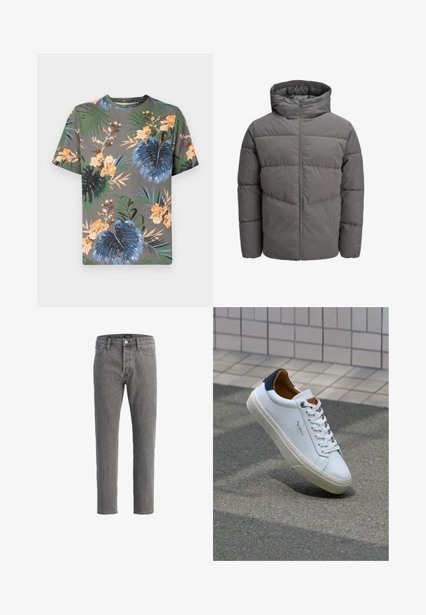 Grijze pufferjack met een capuchon, voorzien van een rits over de volle lengte, een doorgestikte ontwerpe en een gladde, licht glanzende textuur.; Korte mouwen t-shirt in grijs katoen met een tropische bloemenprint in oranje, blauw, groen en beige, met verschillende bladerenpatronen.; Grijze denim jeans met een rechte snit, vijf-pocket ontwerp en metalen knoopsluiting. De stof heeft een zachte, gestructureerde afwerking.; Witte leren sneaker met een marineblauwe hiel, ronde neus en contrasterende bruin accent. Beschikt over platte veters en een gestructureerde rubberen zool.
