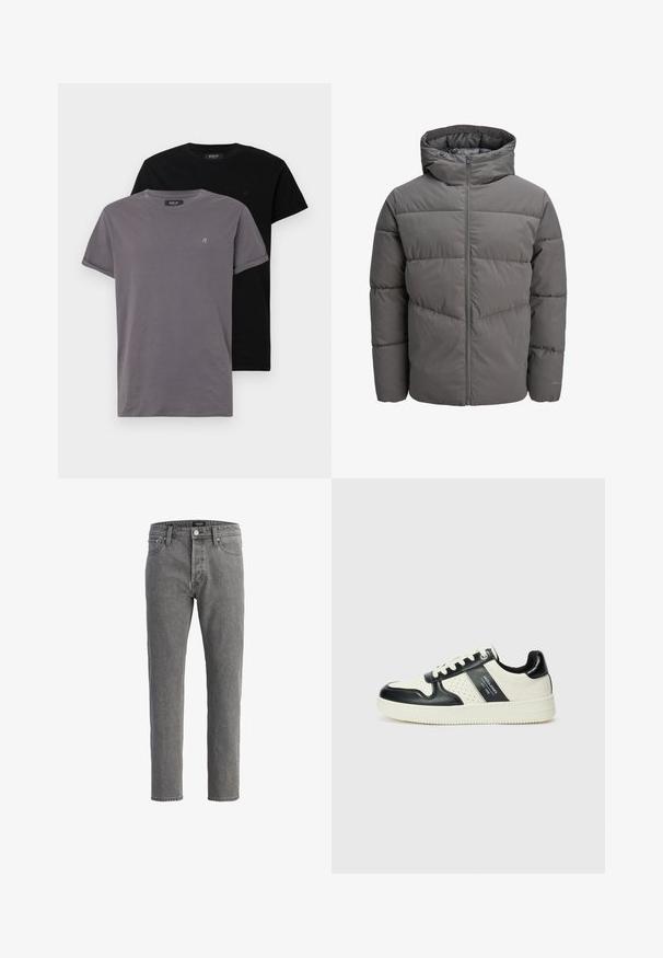 Siva pufasta jakna s kapuco, ki ima celotno dolžino zadrge, kviltano zasnovo in gladko, rahlo sijočo teksturo.; Dve majice s kružnim izrezom; ena siva, ena črna. Obe sta narejeni iz mehkega bombaža in imata zavite rokave ter majhen logo na prsih.; Sivi jeans iz denima z ravnim krojem, petimi žepi in kovinskim gumbom za zapiranje. Tkanina ima mehak, teksturiran zaključek.; Usnjeni športni čevlji z črno in krem barvno shemo, ki vključujejo perforirane dodatke, podložen ovratnik in strukturirano podplat.