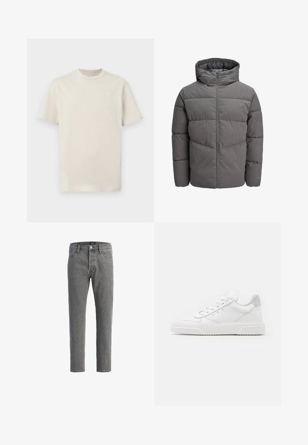 Szürke pufferek jellegű kabát kapucnival, teljes hosszúságú cipzárral, steppelt mintázattal és sima, enyhén fényes felülettel.; Világos bézs pamut póló kerek nyakkal, rövid ujjal és egy apró hímzett logóval a mellkason. Egyszerű, normál szabású dizájn.; Szürke farmernadrág egyenes szabással, öt zsebbel és fém gombbal záródik. Az anyag puha, strukturált felületű.; Fehér bőr sportcipő sima felülettel, kerek orral, lapos fűzőkkel és textúrált talppal. Szürke velúr díszítés a saroknál.