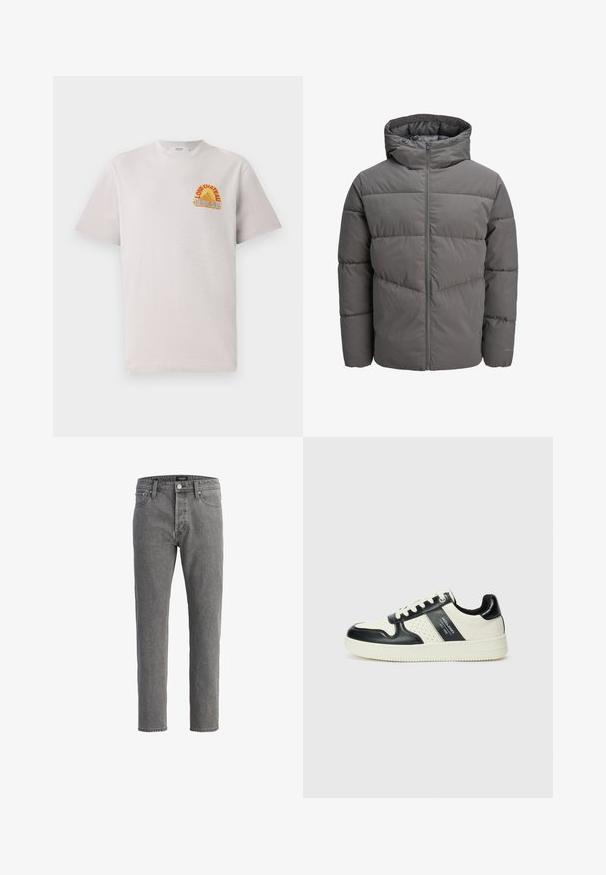 Grå pufferjakke med hette, med glidelås i full lengde, quiltet design og en glatt, litt glinsende tekstur.; Lysegrå bomulls-T-skjorte med rund hals, med fargerik "Lone Château Replay" grafikk i oransje og blått på brystet.; Grå denimjeans med rett snitt, fem lommer og metallknapp. Stoffet har en myk, teksturert overflate.; Lædersneakers med sort og creme farveskema, der har perforerede detaljer, en polstret krave og en struktureret ydersål.