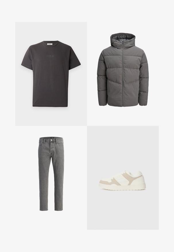 Šedá pufovaná bunda s kapucí, s plným zipem, prošívaným designem a hladkým, mírně lesklým povrchem.; Tmavě šedé bavlněné tričko s krátkým rukávem s jemně embosovaným logem "REPLAY" na přední straně. Kulatý výstřih a volný střih.; Šedé džínsy s rovnými nohavicemi, pěticasťový design a uzávěr na kovový knoflík. Materiál má jemnou texturovanou úpravu.; Bílo-beige tenisky s kombinací hladkého a semišového materiálu, kulatou špičkou, šněrováním a plochou gumovou podešví.
