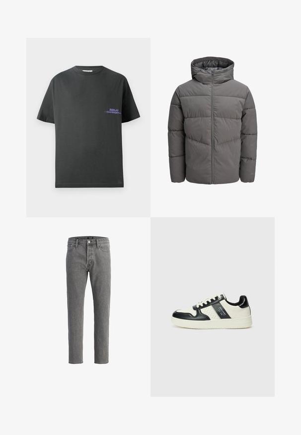Šedá pufovaná bunda s kapucí, s plným zipem, prošívaným designem a hladkým, mírně lesklým povrchem.; Tmavě šedé bavlněné tričko s kulatým výstřihem. Na levé straně hrudi se nachází malý fialový potisk s nápisem "REPLAY". Krátké, rovné rukávy.; Šedé džínsy s rovnými nohavicemi, pěticasťový design a uzávěr na kovový knoflík. Materiál má jemnou texturovanou úpravu.; Kožené tenisky s černobílou barevnou kombinací, které mají perforované detaily, polstrovaný límec a texturovanou podrážku.