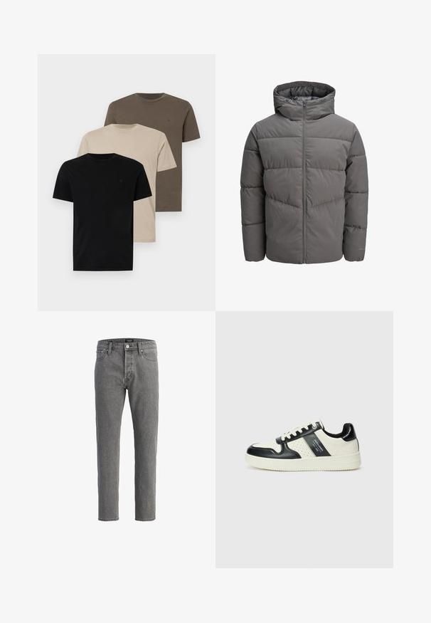 Szürke pufferek jellegű kabát kapucnival, teljes hosszúságú cipzárral, steppelt mintázattal és sima, enyhén fényes felülettel.; Három rövid ujjú póló: fekete, bézs és barna. Pamutból készült, kerek nyakkivágással és diszkrét logóval a mellkasán. Simaszerkezet.; Szürke farmernadrág egyenes szabással, öt zsebbel és fém gombbal záródik. Az anyag puha, strukturált felületű.; Fekete és krém színű bőrsneaker, perforált díszítésekkel, párnázott bokapánttal és texturált talppal.
