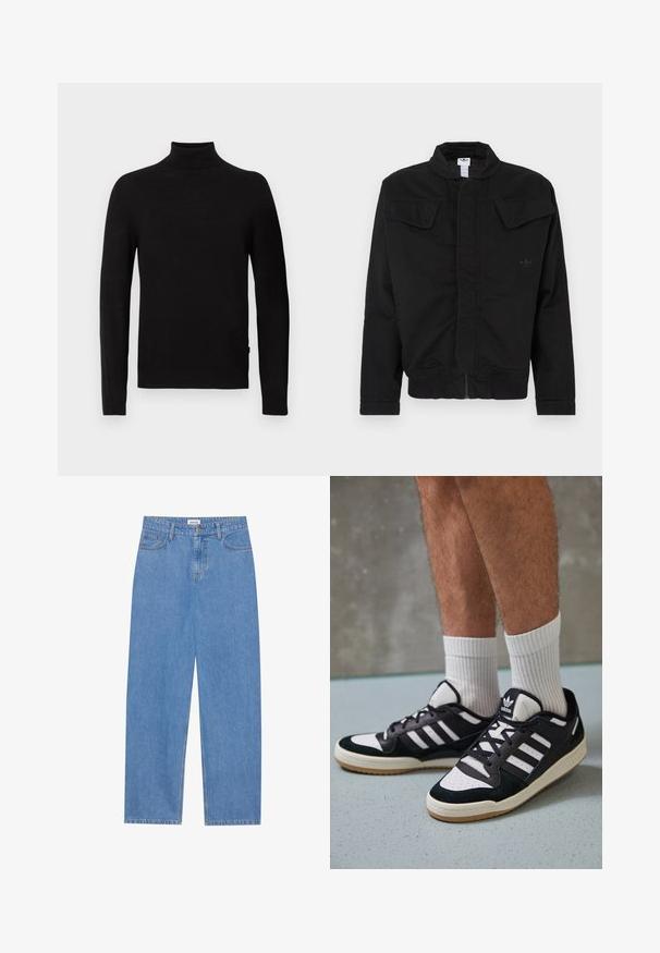 Black jacket made of durable fabric, featuring a high collar, two front flap pockets, ribbed cuffs, and subtle brand logo on the chest.; Black long-sleeve turtleneck sweater with ribbed collar, cuffs, and hem, displayed against a white background.; Light blue denim jeans with a straight cut, five-pocket design, single button closure, and subtle stitching details on the seams.; Black and white sneakers with a suede and leather upper, featuring three white stripes, a perforated toe, and a gum rubber sole.