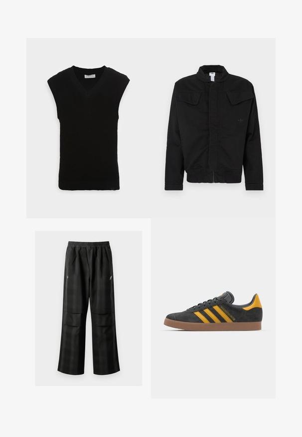 Mustast vastupidavast kangast jakk, millel on kõrge krae, kaks esimest klapiga taskut, soonilised varrukaotsad ja rindkere peal peen brändi logo.; Must-karvane musta käeaukudega kampsun V-kujuliseks disainiks, ribakujundusega, millel on sile serv ja ei ole täiendavaid kaunistusi.; Mustas ruudulised püksid, millel on elastne vöökoht, kaks esimest taskut ja laiem lõige sirge jala disainiga. Valmistatud kergest materjalist.; Mustad sametist spordijalatsid kollaste aktsentidega, millel on kolm triipu ja pruun kummitald. Mugavuse tagamiseks on neil pehmendatud keele osa.