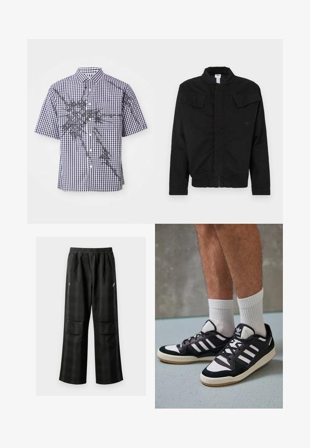 Svart jakke laget av slitesterkt stoff, med høy krage, to frontlommer med klaffer, ribbekanter på ermene og diskret merkevarelogo på brystet.; Kortermet skjorte med knappestolpe i marineblå og hvit gingham-mønster, og uregelmessige svarte abstrakte grafiske linjer på forsiden og ermene.; Svarte rutete bukser med elastisk midje, to frontlommer og løs passform med rett ben-design. Laget av lett materiale.; Sorte og hvite sneakers med overdel i semsket skinn og lær, med tre hvite striper, perforert tå og en såle av gummi.