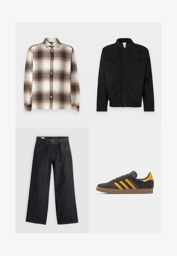 Jaqueta preta feita de tecido durável, com gola alta, dois bolsos frontais com aba, punhos canelados e logo da marca discreto no peito.; Camisa de botões em padrão xadrez castanho e creme, com mangas longas, feita de um tecido macio; apresenta um colarinho espalhado e botões de madeira clara.; Calças largas de denim escuro com cintura cingida, apresentando bolsos frontais e costuras contrastantes. Textura suave com um design limpo.; Tenis em camurça preta com detalhes amarelos, apresentando três riscas e uma sola de borracha castanha. Inclui uma língua acolchoada para maior conforto.