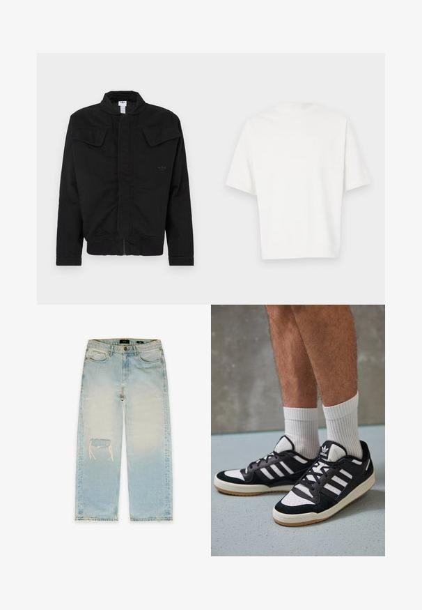 Black jacket made of durable fabric, featuring a high collar, two front flap pockets, ribbed cuffs, and subtle brand logo on the chest.; White short-sleeve t-shirt made of soft fabric. Round neckline, relaxed fit, and simple design without embellishments or patterns.; EIGHTYFIVE KNEE CUT - Loose Jeans - island blue; Black and white sneakers with a suede and leather upper, featuring three white stripes, a perforated toe, and a gum rubber sole.