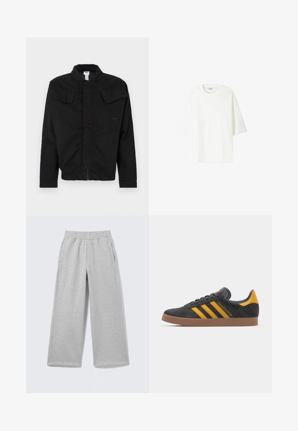 Zwarte jas gemaakt van duurzaam materiaal, met een hoge kraag, twee klepzakken aan de voorkant, geribde manchetten en een subtiel merkembleem op de borst.; Witte kortekost T-shirt van katoen, met een ronde halslijn en een relaxed fit met rechte zoom.; Lichtgrijze katoenen sweatpants met een elastische tailleband, twee zijzakken en een wijd uitlopende broekspijp. Zachte textuur en eenvoudige stikdetails.; Zwarte suède sneakers met gele accenten, voorzien van drie strepen en een bruine rubberen zool. Inclusief een gevoerde tong voor comfort.