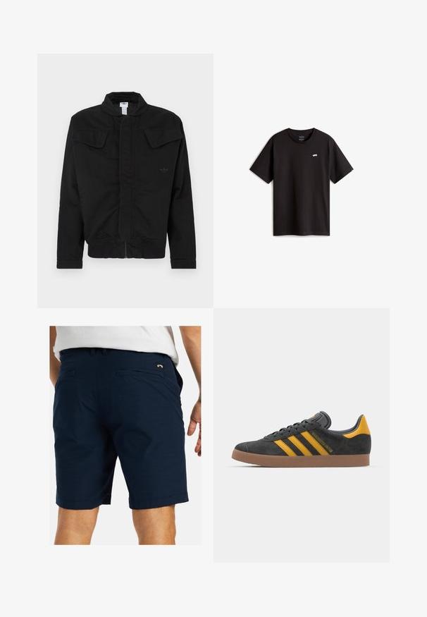 Chaqueta negra de tela duradera, con cuello alto, dos bolsillos delanteros con solapa, puños acanalados y un logo de la marca sutil en el pecho.; Camiseta de algodón negra con mangas cortas y cuello redondo. Presenta un pequeño logo de patineta blanca en el pecho. Diseño y corte sencillos.; Pantalones cortos azul marino hechos de un tejido ligero, con un diseño de frente plano, dos bolsillos traseros y costuras en el dobladillo.; Zapatillas de ante negro con acentos amarillos, que presentan tres franjas y una suela de goma marrón. Incluyen una lengüeta acolchada para mayor comodidad.