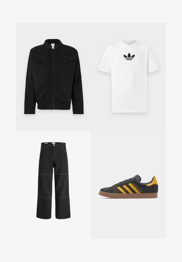 Schwarze Jacke aus strapazierfähigem Stoff mit hohem Kragen, zwei vorderen Pattentaschen, gerippten Bündchen und dezentem Markenlogo auf der Brust.; Weißes Baumwoll-T-Shirt mit einem schwarzen Adidas-Logo in der Mitte. Kurze Ärmel und Rundhalsausschnitt. Glatte Textur.; Schwarze, weit geschnittene Hosen aus strapazierfähigem Stoff, mit kontrastierenden weißen Nähten, zwei Fronttaschen und einem einknopfigen Bundverschluss.; Schwarze Wildledersneaker mit gelben Akzenten, ausgestattet mit drei Streifen und einer braunen Gummisohle. Enthält eine gepolsterte Zunge für zusätzlichen Komfort.
