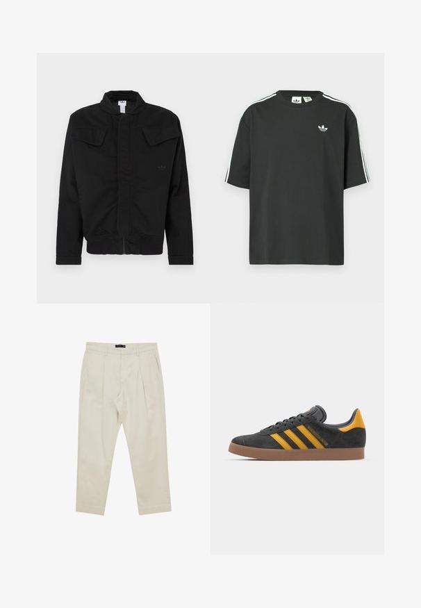 Giacca nera realizzata in tessuto resistente, caratterizzata da un colletto alto, due tasche con pattina frontali, polsini a costine e un logo del marchio discreto sul petto.; Maglietta nera in cotone con maniche corte, scollo rotondo e dettagli bianchi a tre strisce sulle spalle. Presenta un piccolo logo bianco sul petto.; Pantaloni beige a gamba dritta, con pieghe frontali, tasche laterali e un tessuto liscio e leggero.; Sneaker in suede nero con dettagli gialli, dotato di tre strisce e una suola in gomma marrone. Include una linguetta imbottita per il comfort.