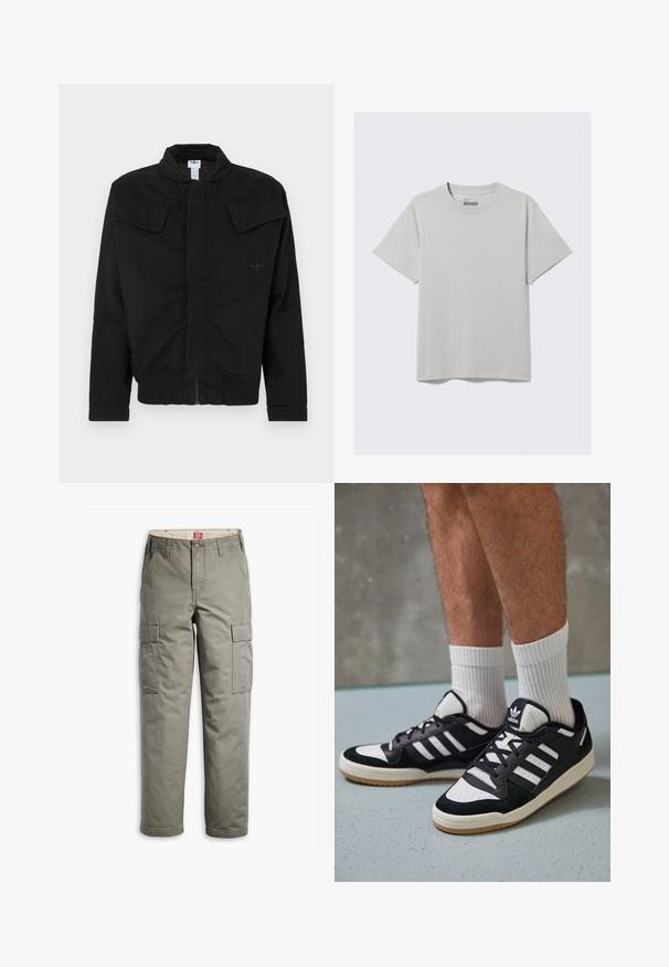 Black jacket made of durable fabric, featuring a high collar, two front flap pockets, ribbed cuffs, and subtle brand logo on the chest.; Light gray cotton T-shirt with a crew neckline and short sleeves, featuring a minimalist design and a relaxed fit. No patterns or accents.; Cargo pants in olive green, made of durable cotton blend, featuring side pockets, a straight leg design, and a button closure.; Black and white sneakers with a suede and leather upper, featuring three white stripes, a perforated toe, and a gum rubber sole.