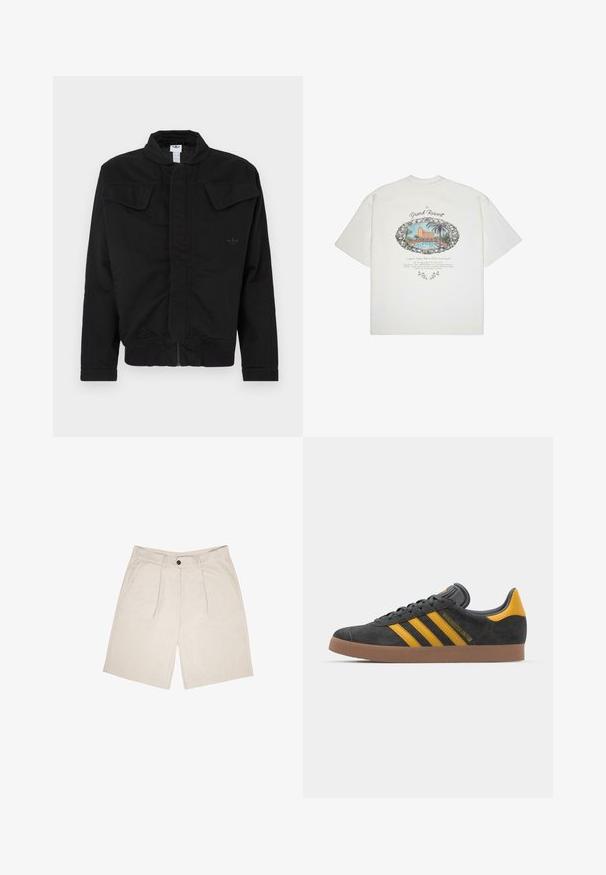 Geacă neagră din material rezistent, cu guler înalt, două buzunare frontale cu clape, manșete striate și logo discret al mărcii pe piept.; Tricou alb cu mânecă scurtă, prezentând un grafic colorat al unei scene de stațiune cu palmieri, conturati în negru, cu text decorativ dedesubt.; Shorts bej dintr-un material moale, cu un front plat ce prezintă două plisuri, șnururi pentru curea și buzunare laterale. Închidere cu un singur nasture la talie.; Tenisi negri din suede cu accente galbene, având trei dungi și o talpă din cauciuc maroniu. Include un limba căptușită pentru confort.