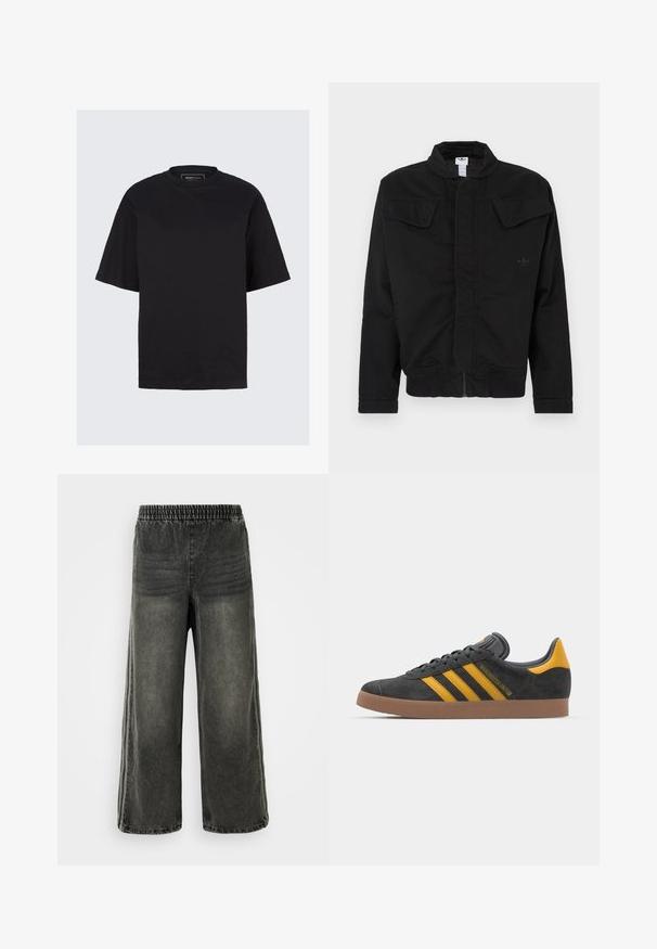 Geacă neagră din material rezistent, cu guler înalt, două buzunare frontale cu clape, manșete striate și logo discret al mărcii pe piept.; Tricou negru cu mânecă scurtă, din bumbac. Gât rotund, potrivire lejeră, textură netedă și design minimalist fără modele sau accente.; Pantaloni din denim decolorat negri cu talie elastică și picioare largi, prezentând detalii subtile cu cusături verticale pe laterale.; Tenisi negri din suede cu accente galbene, având trei dungi și o talpă din cauciuc maroniu. Include un limba căptușită pentru confort.