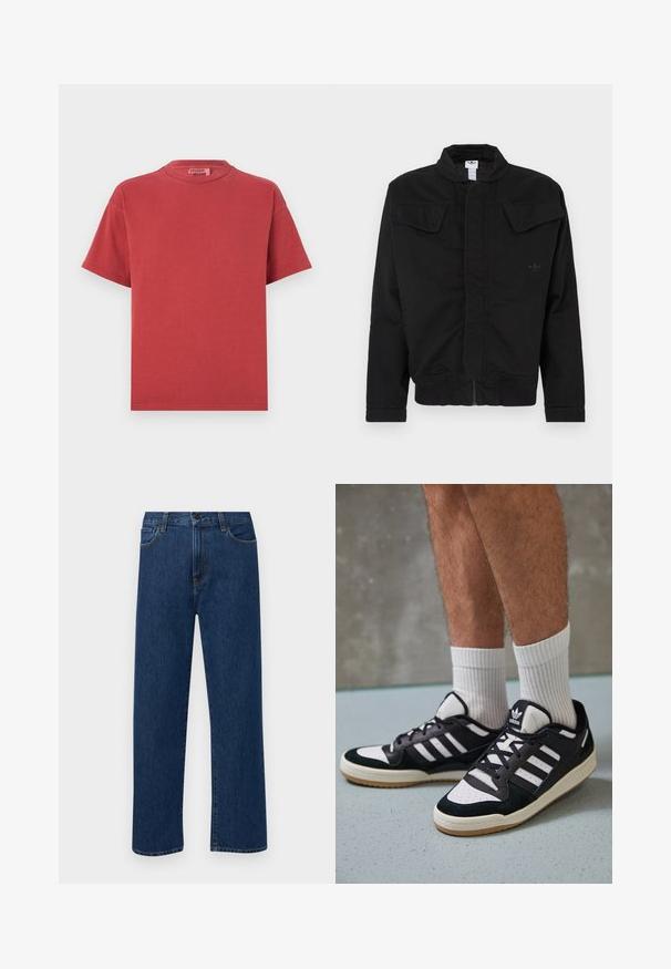 Svart jakke laget av slitesterkt stoff, med høy krage, to frontlommer med klaffer, ribbekanter på ermene og diskret merkevarelogo på brystet.; Rød bomulls T-skjorte med rund hals og kortermet, med en myk tekstur og en avslappet passform. Ingen synlige mønstre eller detaljer med metall.; Mørkeblå rette jeans i denim med frontlommer og knappelukking, vist på en enkel hvit bakgrunn.; Sorte og hvite sneakers med overdel i semsket skinn og lær, med tre hvite striper, perforert tå og en såle av gummi.
