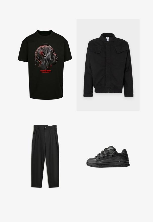Zwarte jas gemaakt van duurzaam materiaal, met een hoge kraag, twee klepzakken aan de voorkant, geribde manchetten en een subtiel merkembleem op de borst.; Zwarte katoenen t-shirt met een grafiek van een gestileerd gezicht in tinten van grijs en rood, met daaronder rode tekst die "FLYING HIGH" zegt.; Zwarte katoenen broeken met een losse pasvorm, voorzien van een klassieke tailleband, voorplooien en zijzakken. Gladde structuur zonder patronen.; Zwarte sneakers met een glad leren bovenwerk, gearceerde accenten en ronde zwart-witte veters. Dikke rubberen zool met een geprofileerd loopvlak.