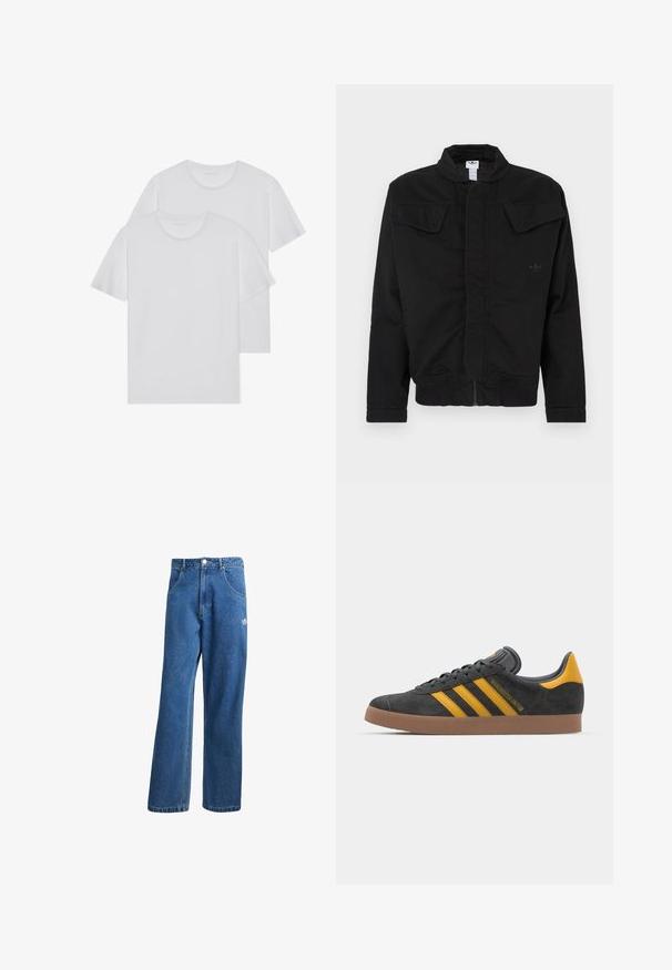 Svart jakke laget av slitesterkt stoff, med høy krage, to frontlommer med klaffer, ribbekanter på ermene og diskret merkevarelogo på brystet.; To hvite t-skjorter i bomull med rund hals, korte ermer og en myk tekstur. Begge har en ensfarget stil uten synlige mønstre eller detaljer.; Blå høyhalsede vide denimjeans med frontlommer, belteholdere, knappelukking og liten Adidas-logo på høyre lår.; Sort skinnesko i svart semsket skinn med gule detaljer, med tre striper og en brun gummisåle. Inkluderer en polstret tunge for komfort.