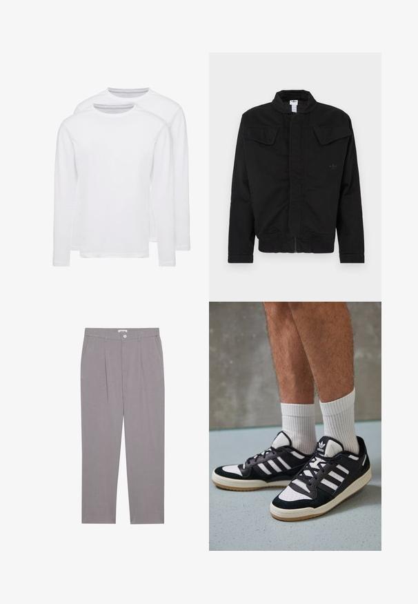 Črna jakna iz trpežnega materiala, z visokim ovratnikom, dvema sprednjima žepoma z zaponkami, rebrastimi manšetami in subtilnim logotipom blagovne znamke na prsih.; Dve bele majice z dolgimi rokavi iz mehkega bombaža. Imajo okrogel izrez in gladko, enakomerno teksturo brez vzorcev ali okraskov.; Sive elegantne hlače s ravnim krojem, ki imajo dve sprednji žepni, pliskane in gumbasto zapiranje. Narejene so iz lahko tkanine.; Črno-bele superge z zgornjim delom iz usnja in nubuka, ki imajo tri bele črte, perforiran vrh prstov in podplat iz gume.