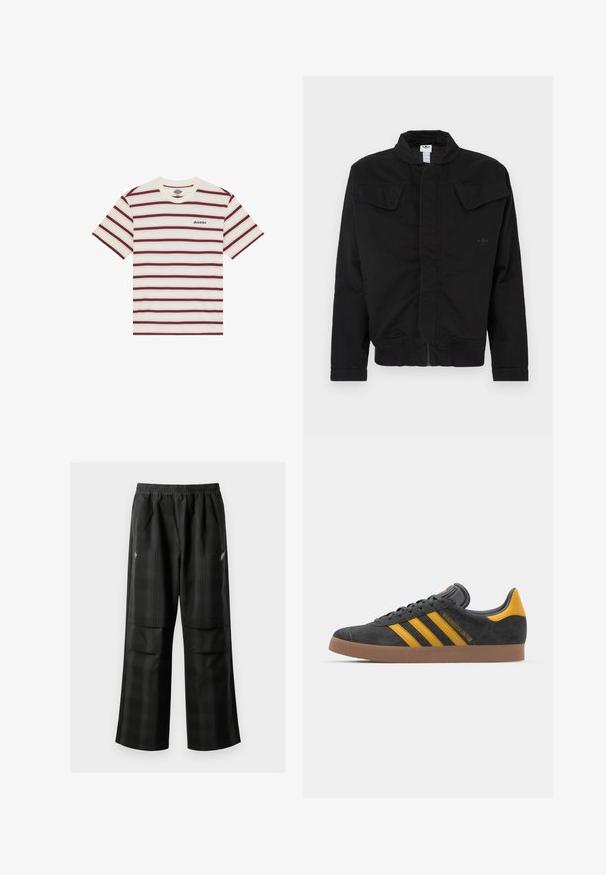 Zwarte jas gemaakt van duurzaam materiaal, met een hoge kraag, twee klepzakken aan de voorkant, geribde manchetten en een subtiel merkembleem op de borst.; Korte mouwen T-shirt met horizontale kastanjebruine en crèmekleurige strepen, met het "Dickies" logo geborduurd op de linkerkant van de borst.; Zwarte geruite broek met een elastische tailleband, twee voorzakken en een losse pasvorm met een rechte pijpdesign. Gemaakt van lichtgewicht materiaal.; Zwarte suède sneakers met gele accenten, voorzien van drie strepen en een bruine rubberen zool. Inclusief een gevoerde tong voor comfort.