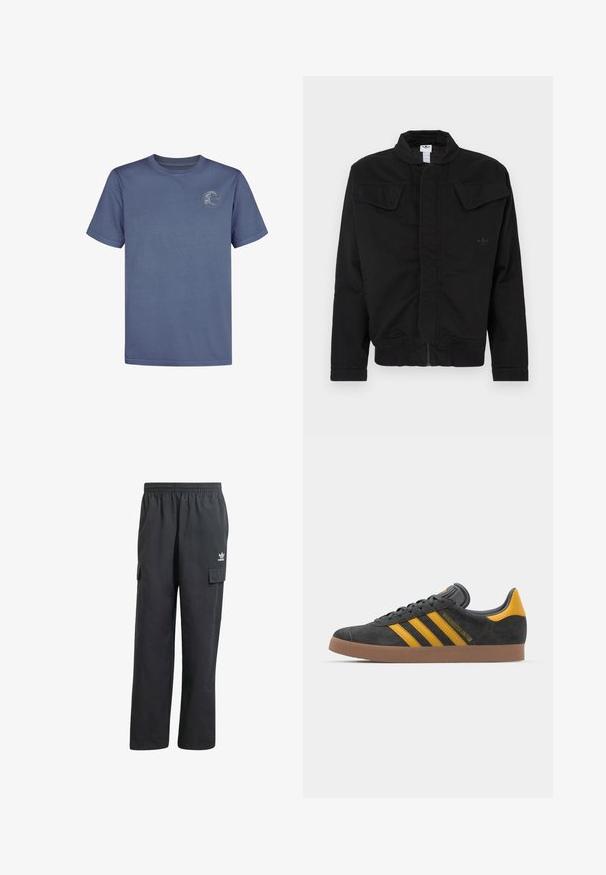 Black jacket made of durable fabric, featuring a high collar, two front flap pockets, ribbed cuffs, and subtle brand logo on the chest.; Blue cotton t-shirt featuring short sleeves and a crew neckline, with a circular logo on the upper left chest area. Smooth texture.; Black cargo pants with an elastic waistband, two side pockets, and a subtle logo on the left thigh. Made from a lightweight fabric.; Black suede sneaker with yellow accents, featuring three stripes and a brown rubber sole. Includes a padded tongue for comfort.