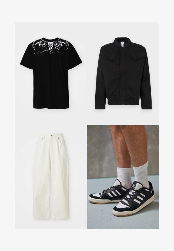 Geacă neagră din material rezistent, cu guler înalt, două buzunare frontale cu clape, manșete striate și logo discret al mărcii pe piept.; Tricou din bumbac negru cu un design grafic alb, având modele complexe pe umeri. Mâneci scurte și croială obișnuită.; Pantaloni albi cu picioare largi din bumbac, având talie înaltă, cinci buzunare și închidere cu nasture metalic. Textură netedă cu un design minimalist.; Adidași negri și albi cu un superior din suede și piele, prevăzuți cu trei dungi albe, un vârf perforat și o talpă din cauciuc caramel.