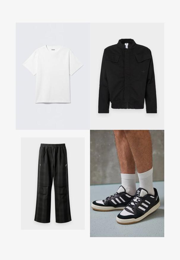 Zwarte jas gemaakt van duurzaam materiaal, met een hoge kraag, twee klepzakken aan de voorkant, geribde manchetten en een subtiel merkembleem op de borst.; Witte T-shirt met korte mouwen van katoen, met een ronde hals en een ontspannen pasvorm. De stof heeft een gladde, gelijkmatige textuur.; Zwarte geruite broek met een elastische tailleband, twee voorzakken en een losse pasvorm met een rechte pijpdesign. Gemaakt van lichtgewicht materiaal.; Zwart-witte sneakers met een bovenwerk van suede en leer, voorzien van drie witte strepen, een geperforeerde neus en een rubberen gumzool.